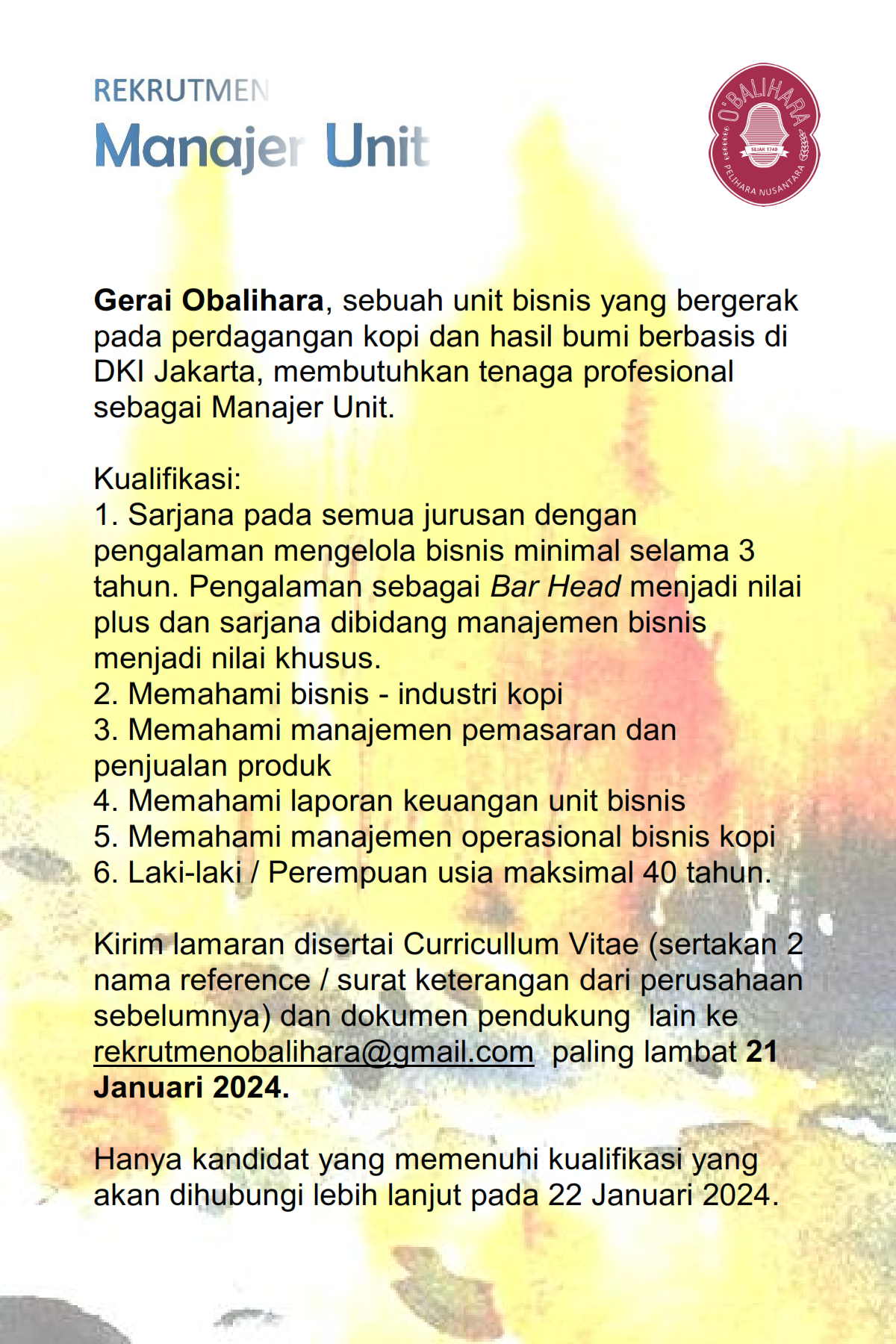 Rekruitmen untuk Gerai O'Balihara II