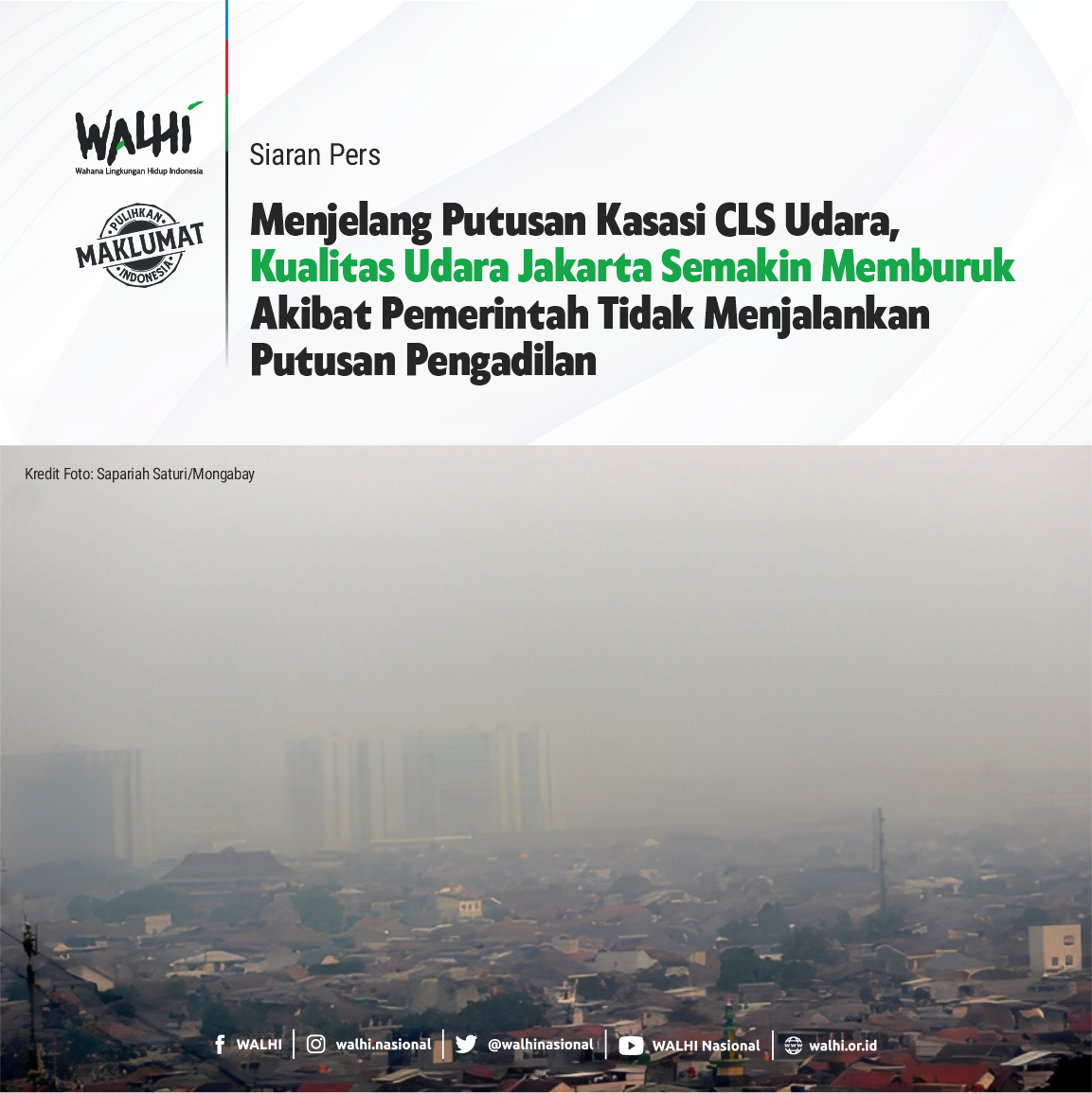 Menjelang Putusan Kasasi CLS Udara, Kualitas Udara Jakarta Semakin Memburuk Akibat Pemerintah Tidak Menjalankan Putusan Pengadilan